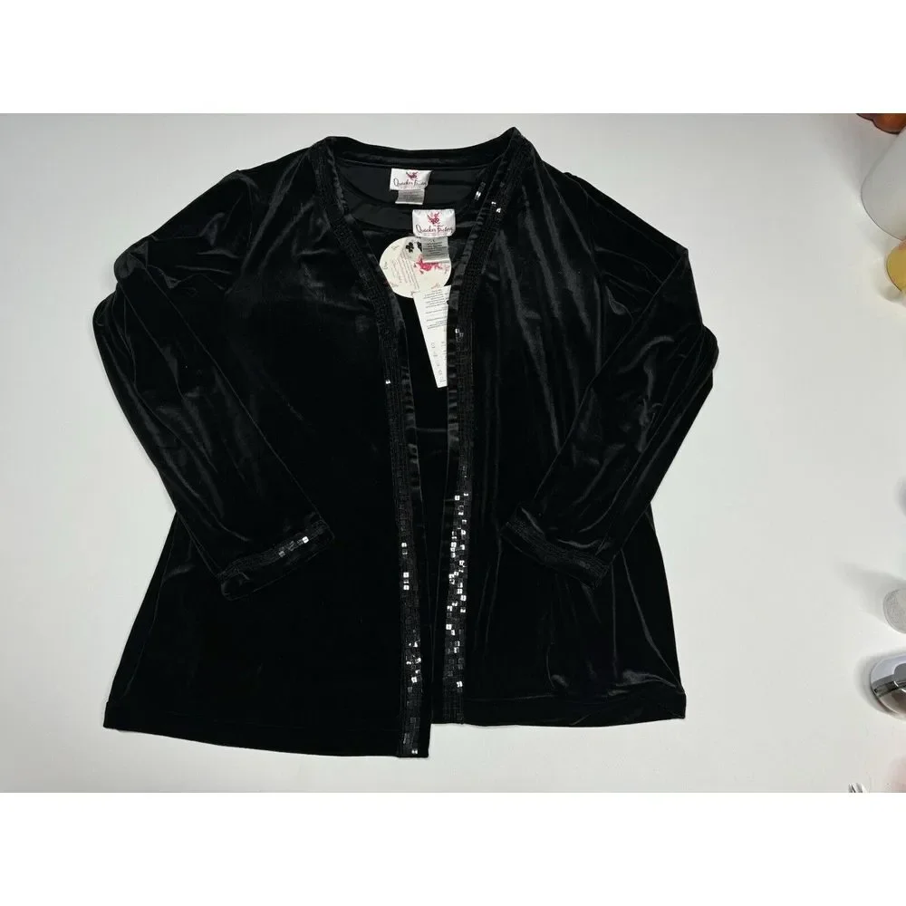 Quacker Factory Jacket Top Set Womens L Black‎ Velvet Sequins Evening Formal New